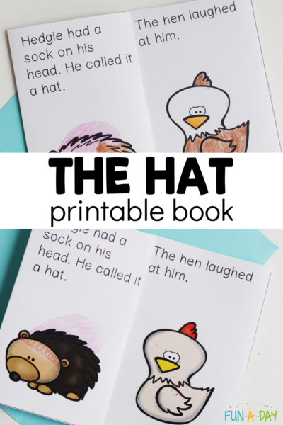 multiple views of emergent reader with text that reads the hat printable book