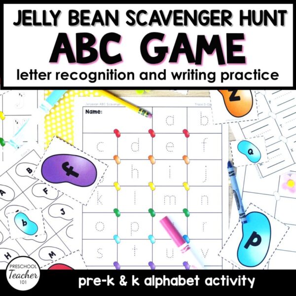 Jelly bean literacy game with text that reads jelly bean scavenger hunt ABC game letter recognition and writing practice