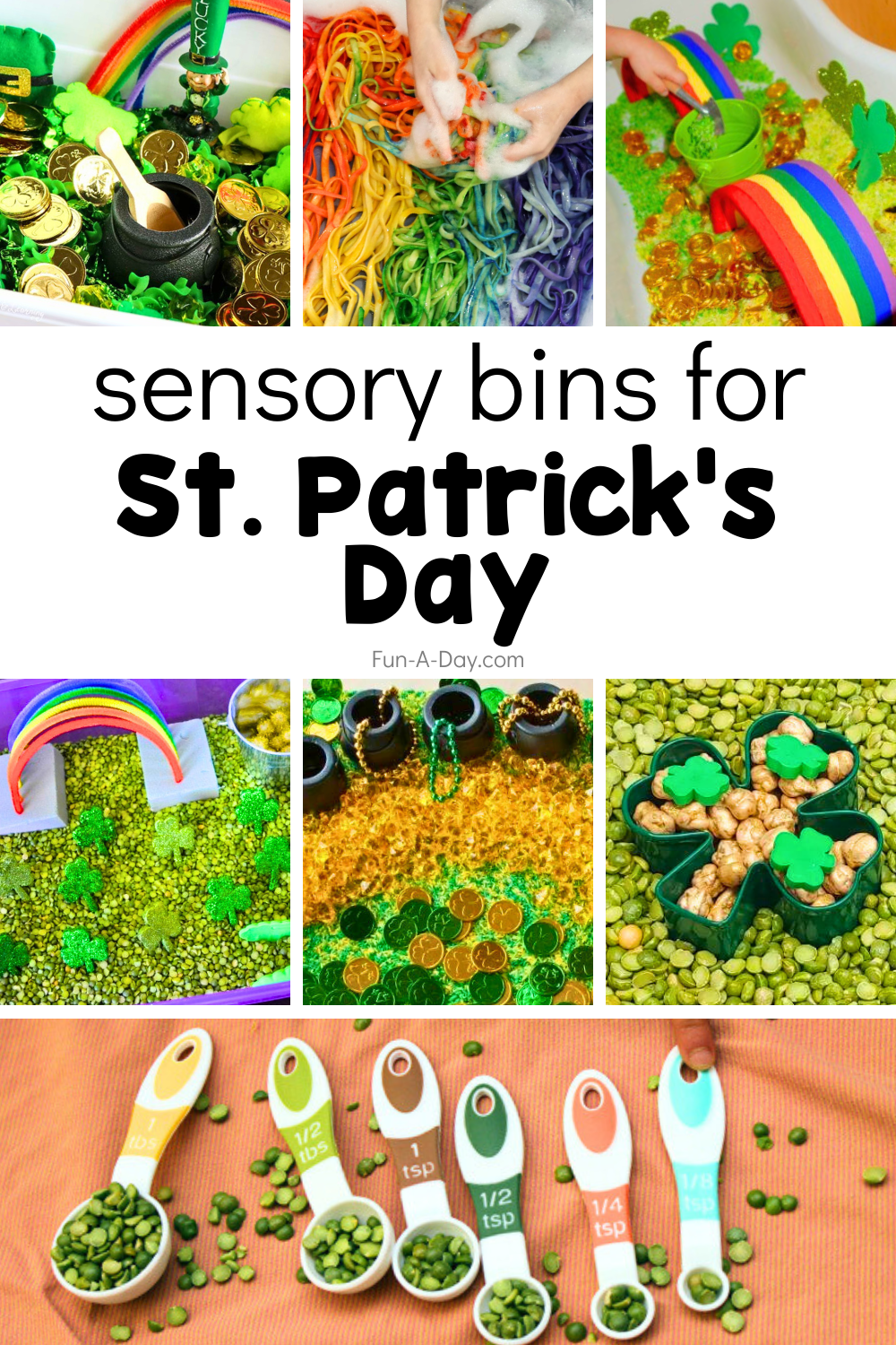 Seven St. Patrick's Day sensory bin ideas with text that reads sensory bins for St. Patrick's Day.