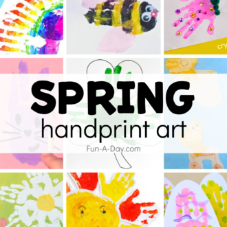 Nine spring handprint art ideas with text that reads spring handprint art.