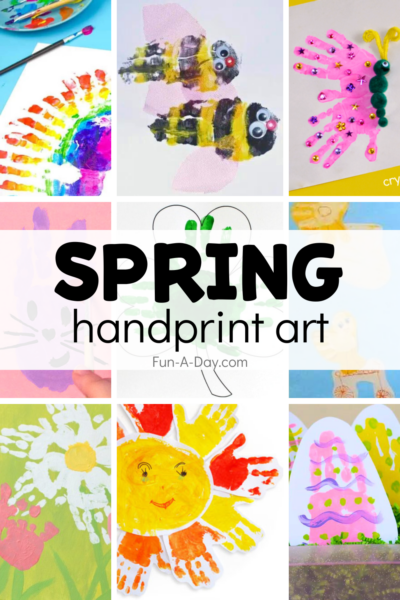 Nine spring handprint art ideas with text that reads spring handprint art.