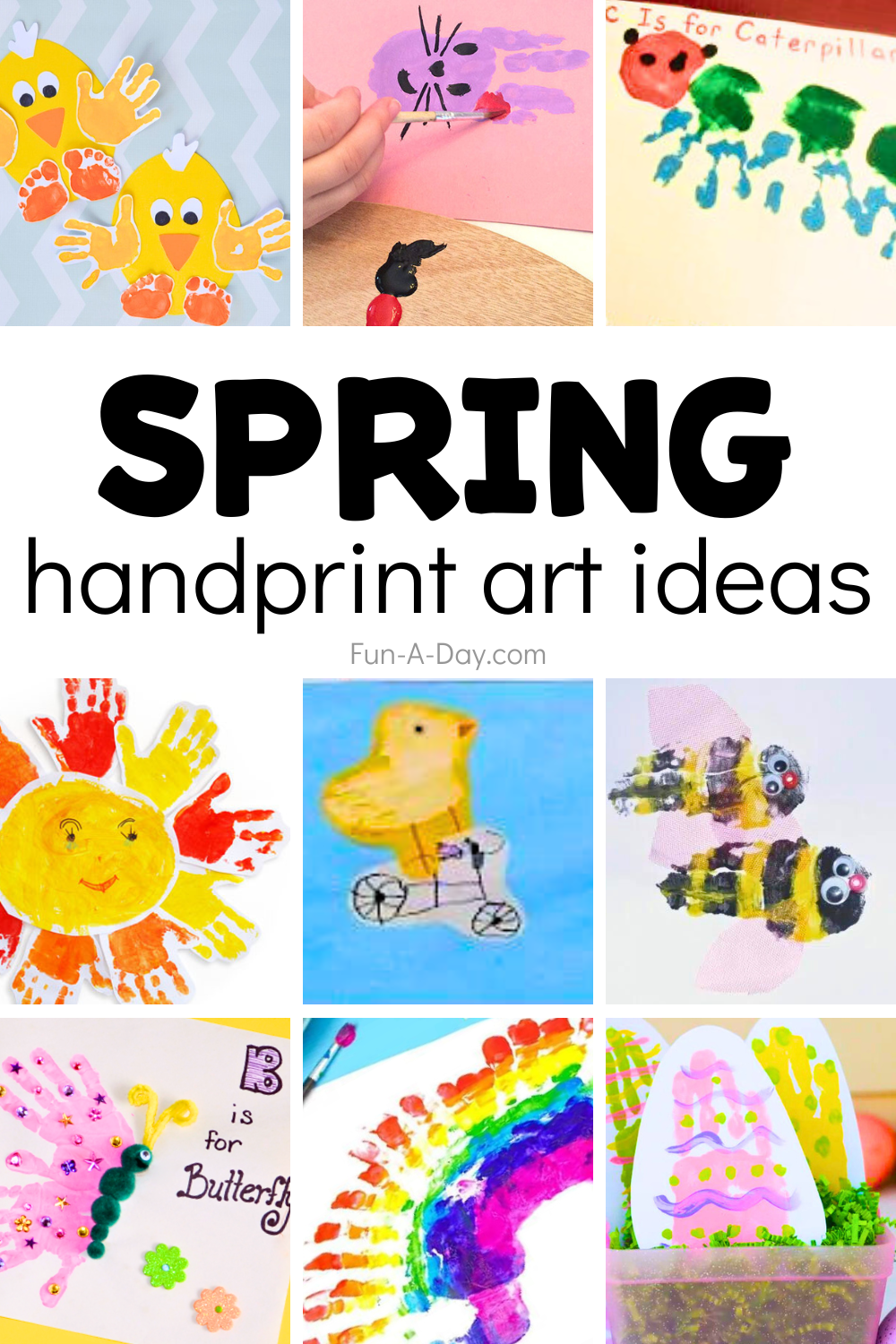 Nine spring handprint art ideas with text that reads spring handprint art ideas.