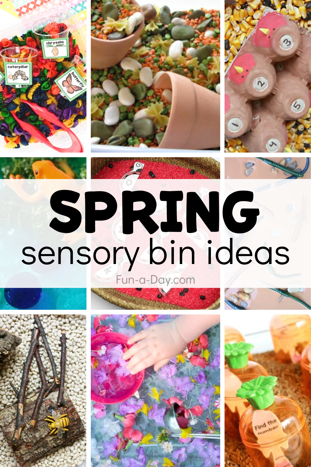 9 spring sensory bin ideas with text that reads spring sensory bin ideas.