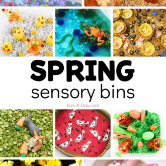 Ten spring sensory bin ideas with text that reads spring sensory bins.
