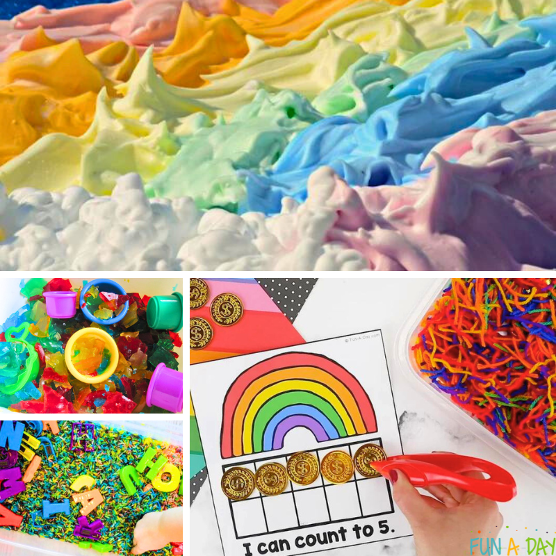 Four ideas for rainbow St. Patrick's Day bins.