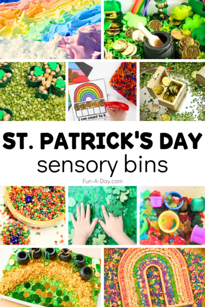 Ten St. Patrick's Day sensory bins with text that reads St. Patrick's Day Sensory Bins.