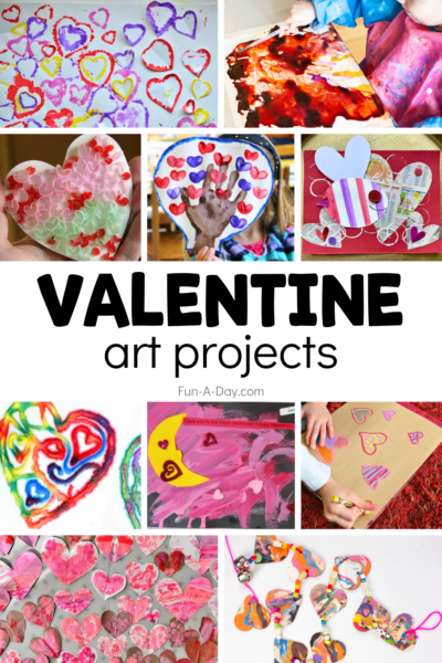 Ten valentine art project ideas for kids with text that reads valentine art projects.