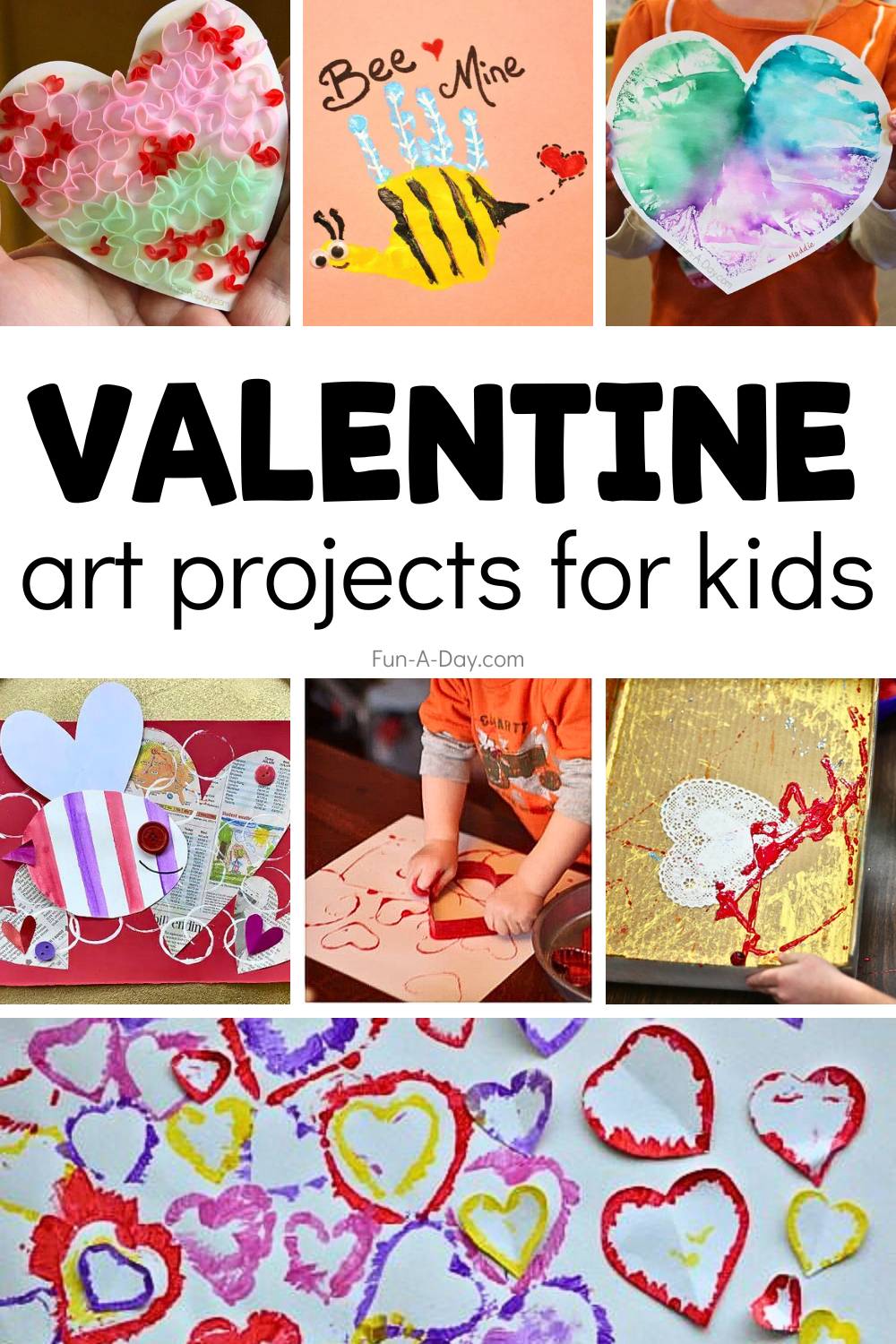 Seven valentine art project ideas for kids with text that reads valentine art projects for kids.