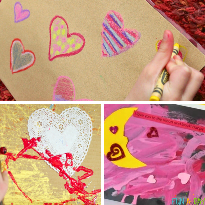 Three valentine art project ideas for kids.