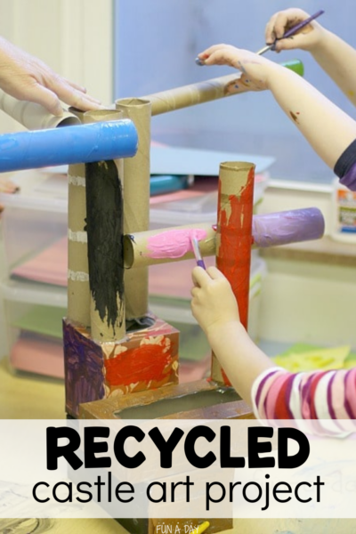 preschoolers painting cardboard creation with text that reads recycled castle art project