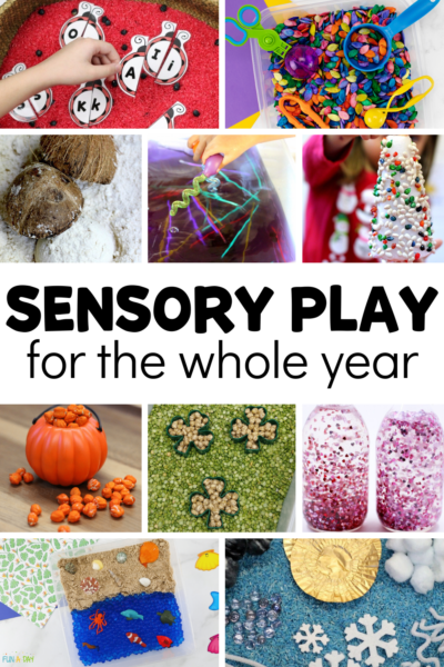 hands-on kids' activities with text that reads sensory play for the whole year