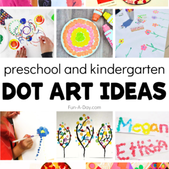 10 dot art ideas with text that reads preschool and kindergarten dot art ideas.
