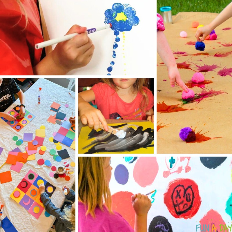 Children creating 5 different dot art projects.