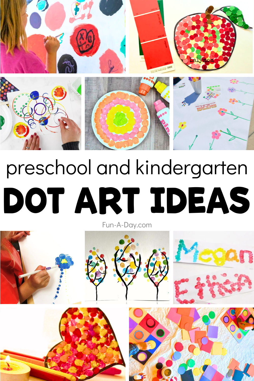10 dot art ideas with text that reads preschool and kindergarten dot art ideas.