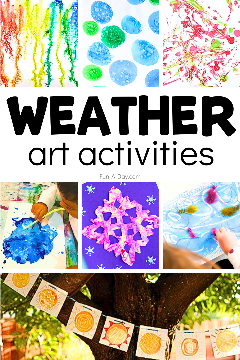 7 weather art project ideas with text that reads weather art activities.