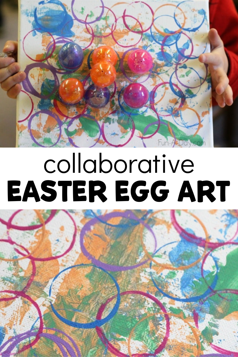 close up of egg stamping art and child holding finished product, with text that reads collaborative easter egg art