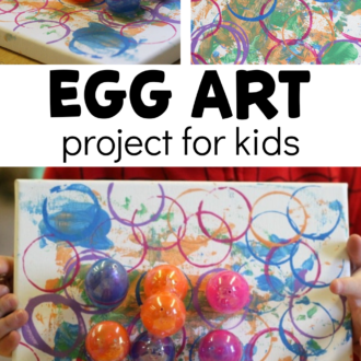 plastic eggs and paint on canvas with text that reads egg art project for kids