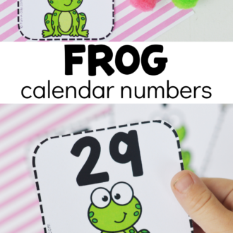 preschooler using number printables, with text that reads frog calendar numbers