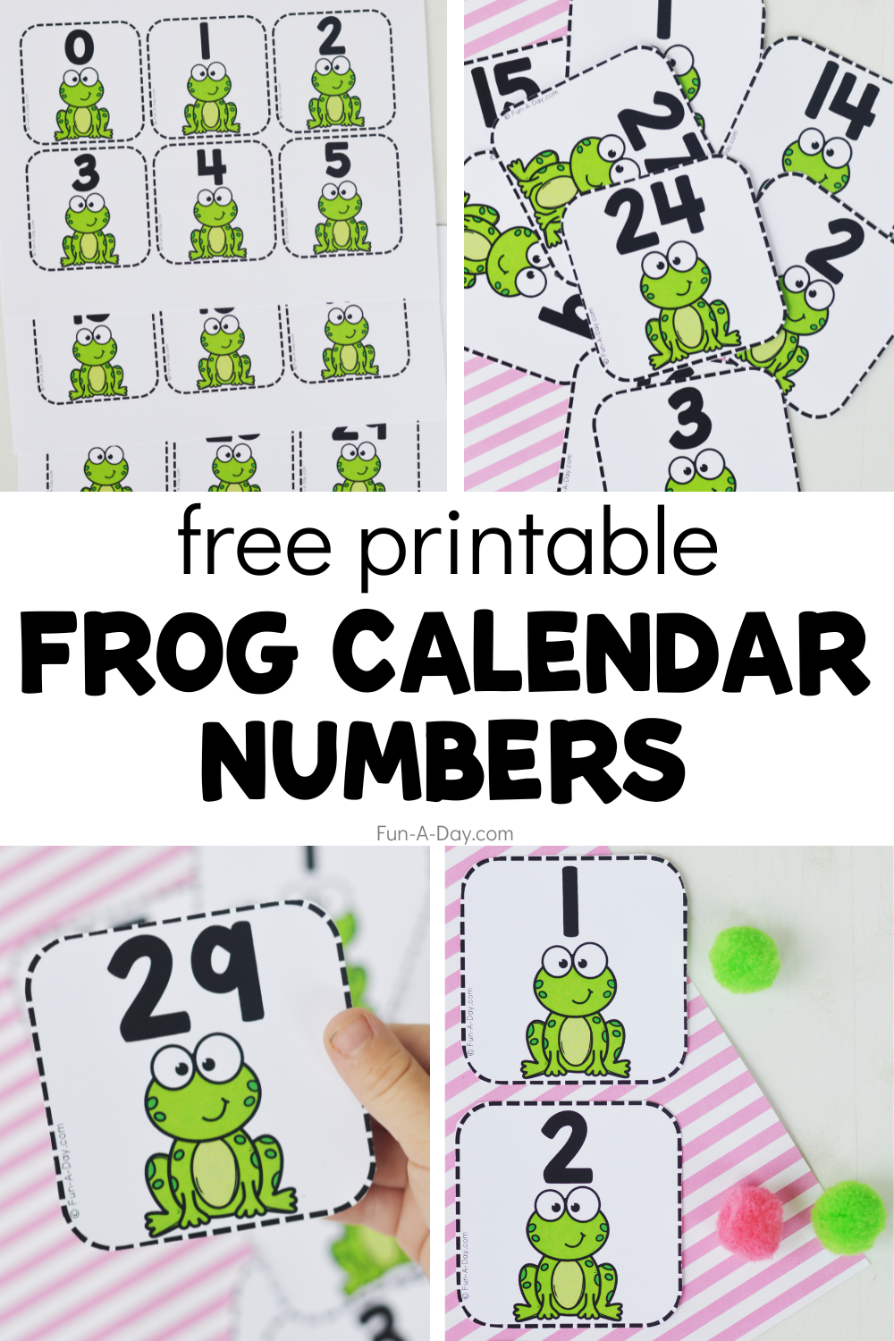 multiple views of number cards with text that reads free printable frog calendar numbers