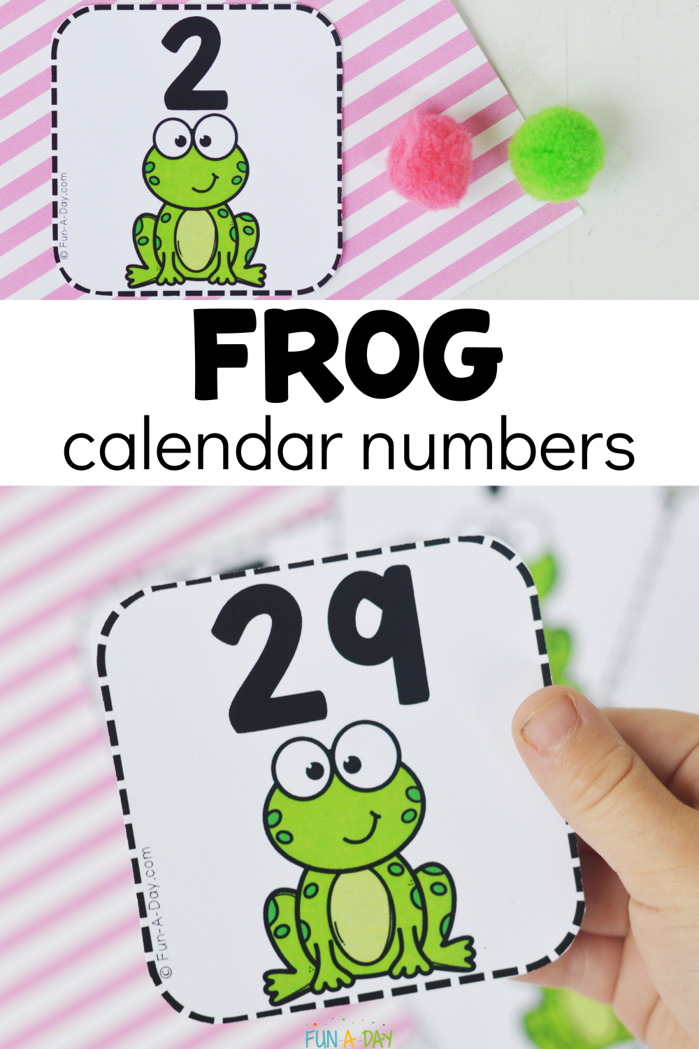 preschooler using number printables, with text that reads frog calendar numbers