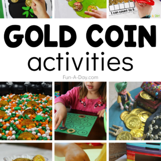 collage of gold coin games and ideas with text that reads gold coin activities