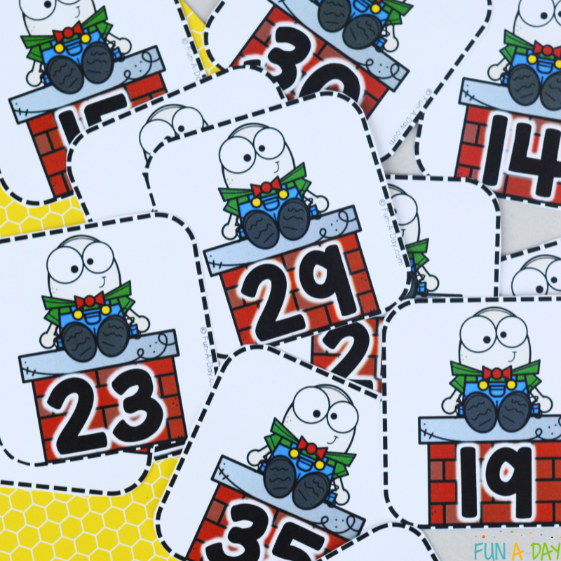 pile of humpty dumpty number cards in a mixed up pile