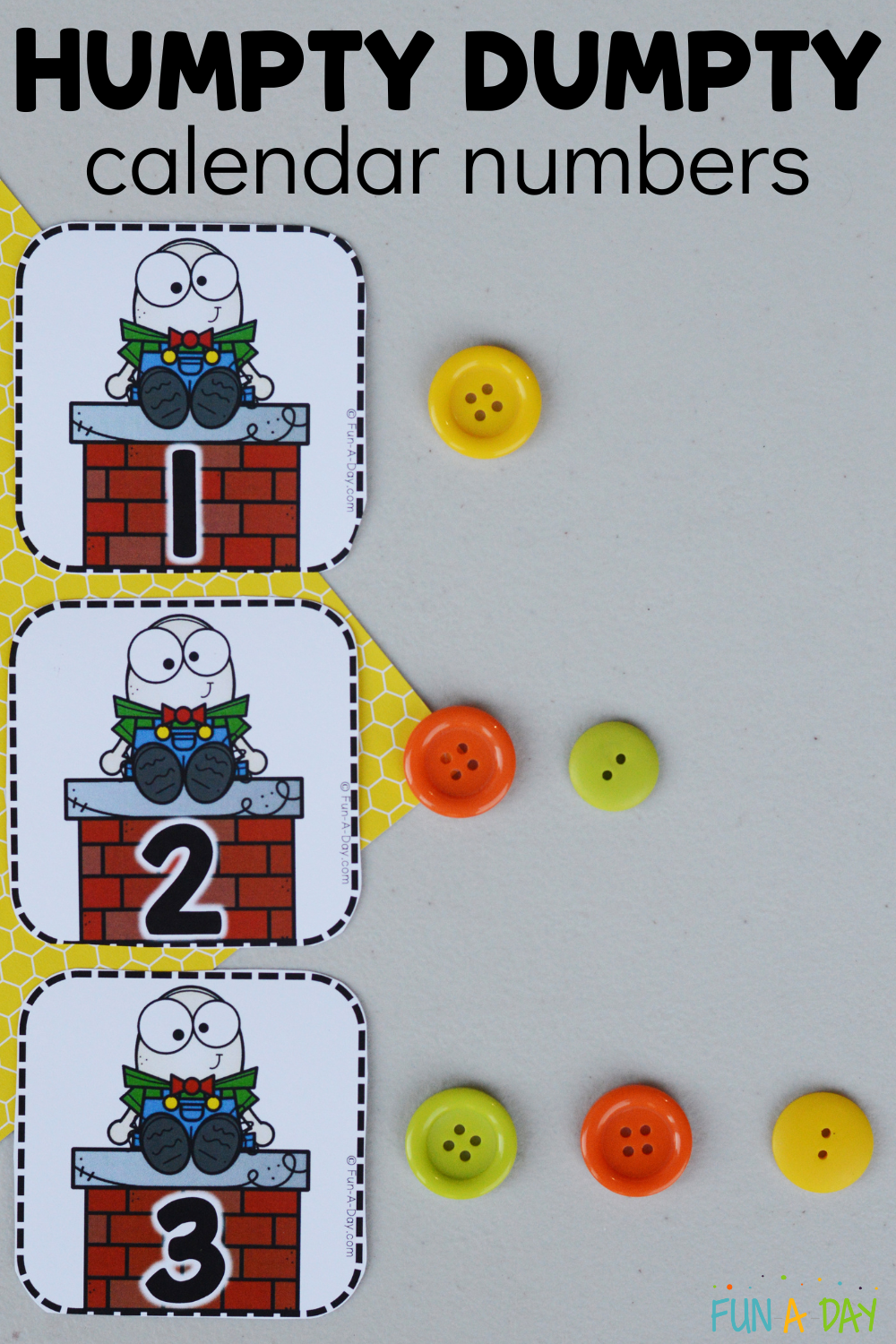 number cards in order 1, 2, 3 with buttons next to them and text that reads humpty dumpty calendar numbers