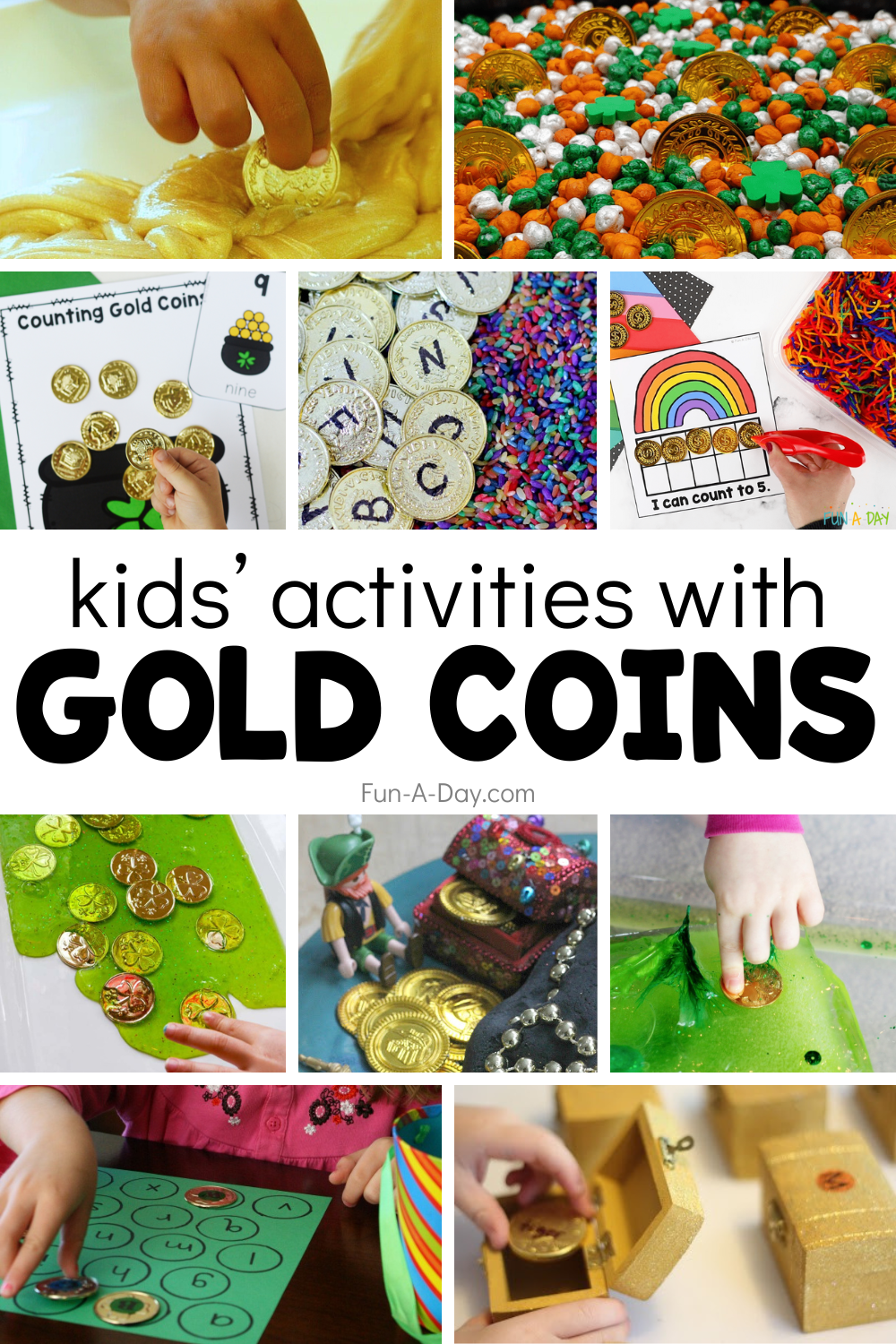 collage of gold coin activities with text that reads kids' activities with gold coins