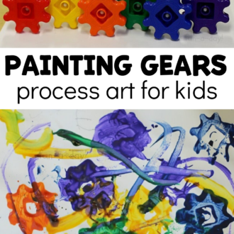 rainbow of toy gears with paintbrushes attached and child's painting with text that reads painting gears process art for kids