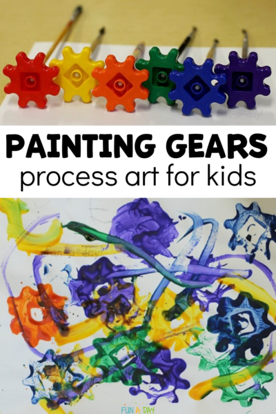 rainbow of toy gears with paintbrushes attached and child's painting with text that reads painting gears process art for kids