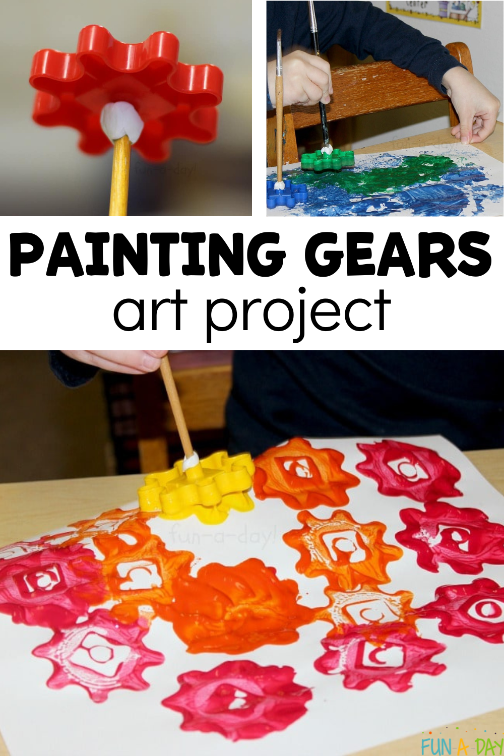 multiple kids creating art with text that reads painting gears art project