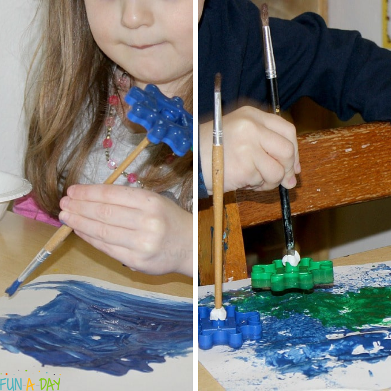 two different preschoolers trying painting gears art in classroom