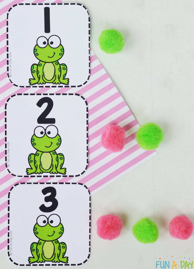 frog calendar numbers 1, 2, 3 with coordinating number of pom poms next to each