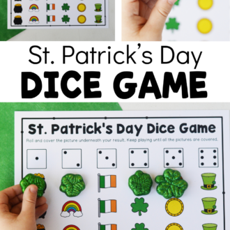 Multiple views of printable math game in use, with text that reads st. patrick's day dice game