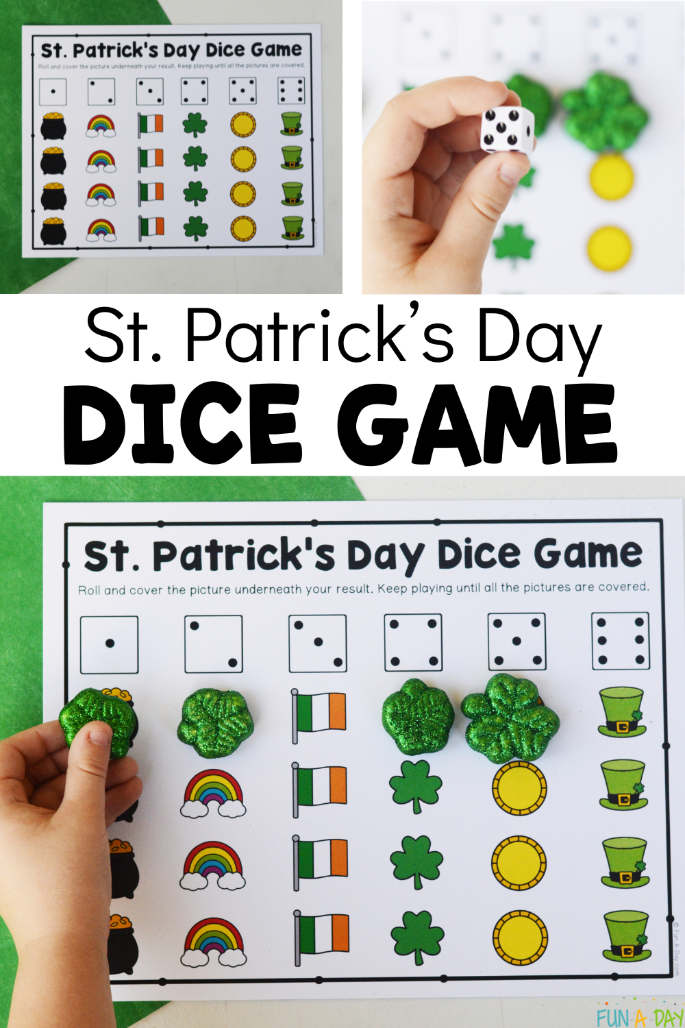 Multiple views of printable math game in use, with text that reads st. patrick's day dice game