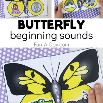 Matching phonemic awareness picture cards with text that reads butterfly beginning sounds