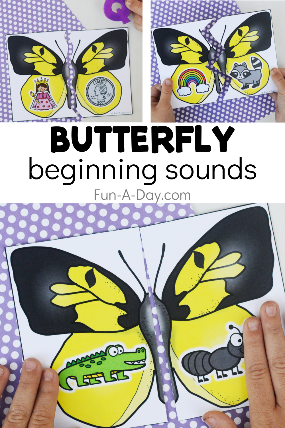 Matching phonemic awareness picture cards with text that reads butterfly beginning sounds