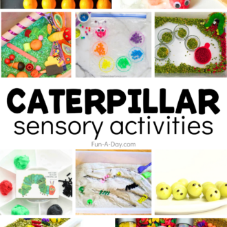Ten ideas for caterpillar sensory play with text that reads caterpillar sensory activities.