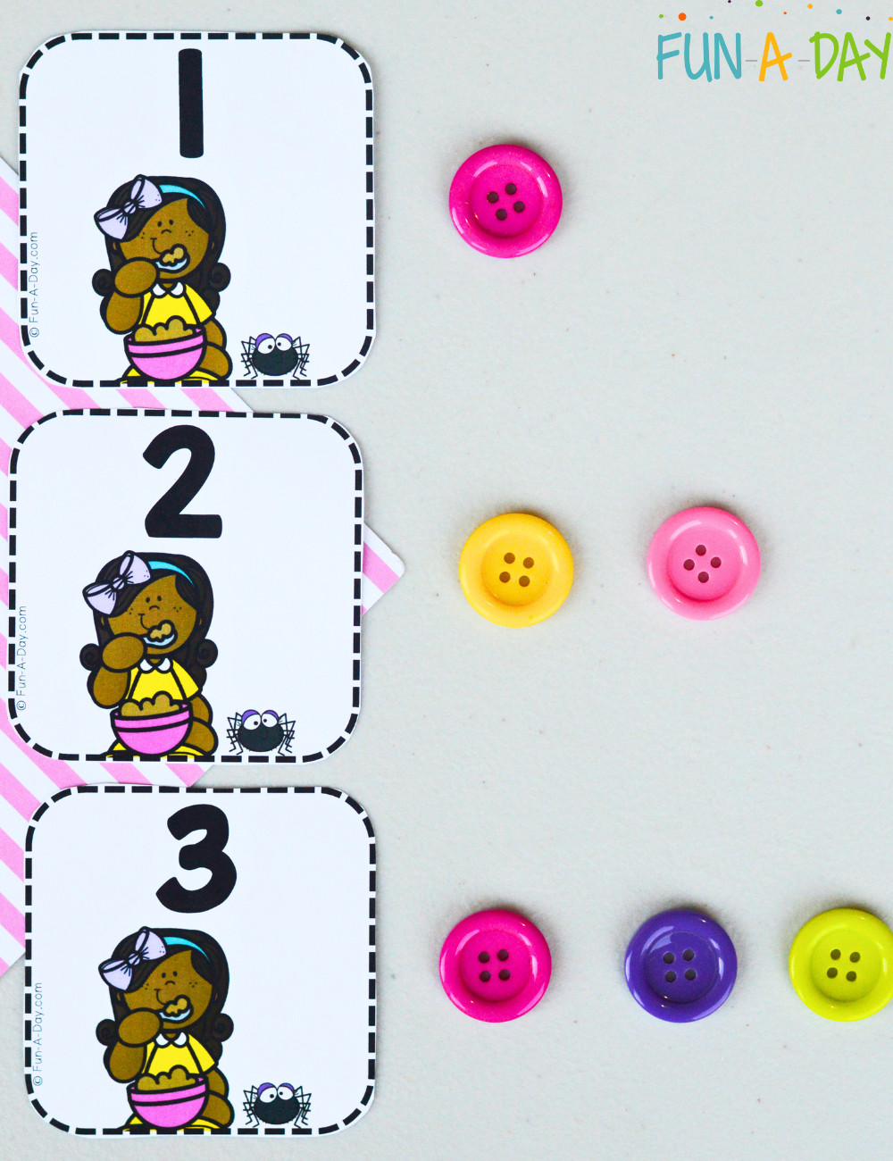 Counting activity with the Little Miss Muffet number cards and buttons.