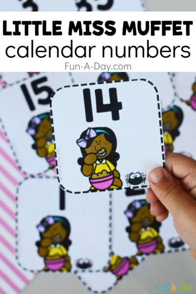 Little Miss Muffet number card 14 in front of other number cards and text that reads Little Miss Muffet calendar numbers.