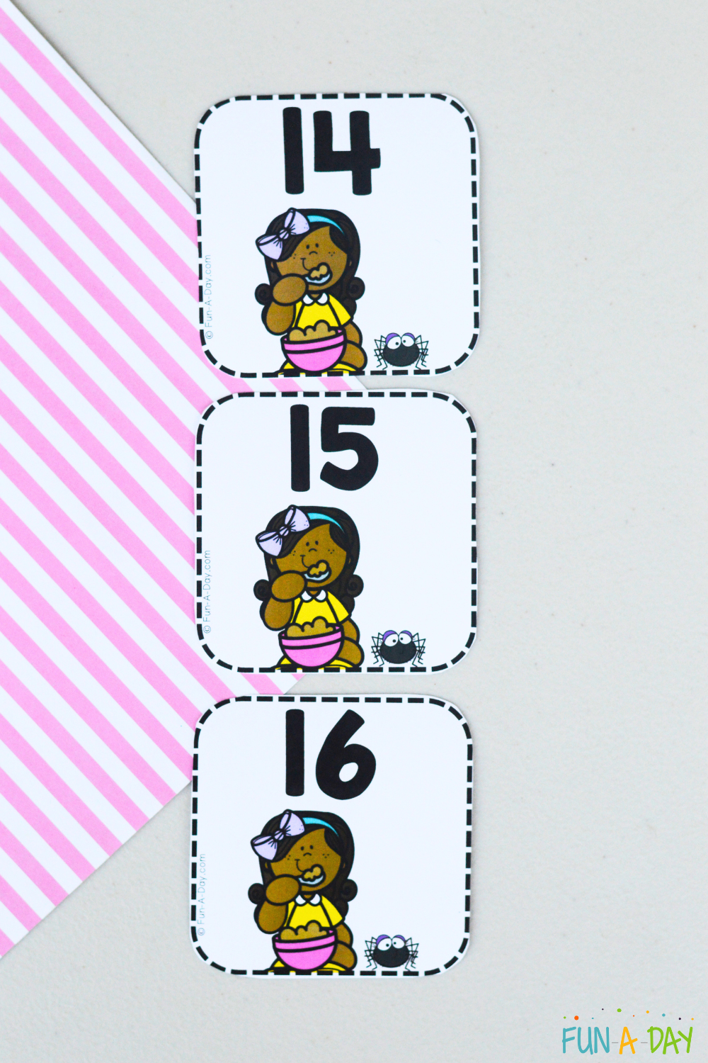 Little Miss Muffet calendar numbers 14, 15, and 16 placed in numerical order.