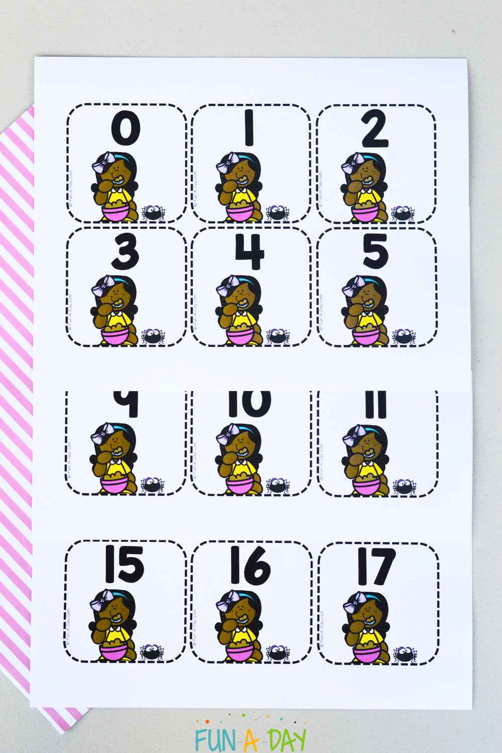 Printable Little Miss Muffet number card pages.
