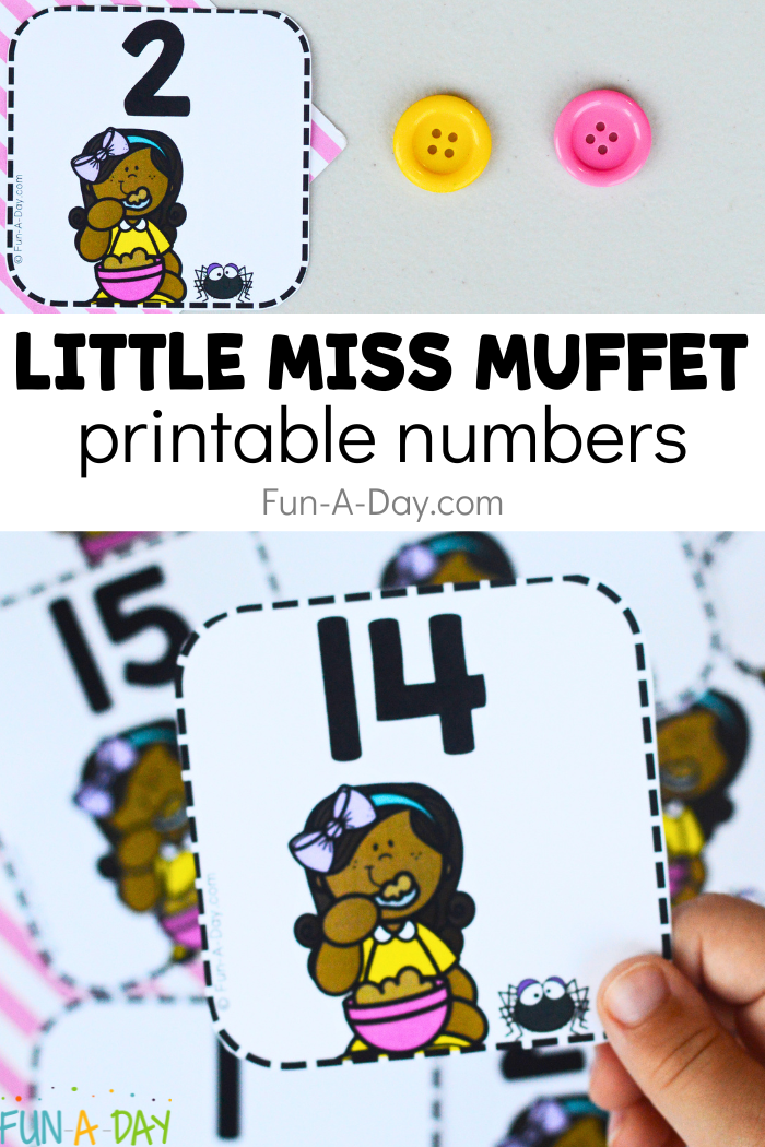 Little Miss Muffet calendar numbers and counting activity with buttons with text that reads Little Miss Muffet printable numbers.