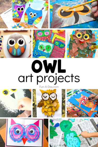 Ten owl art project ideas with text that reads owl art projects.