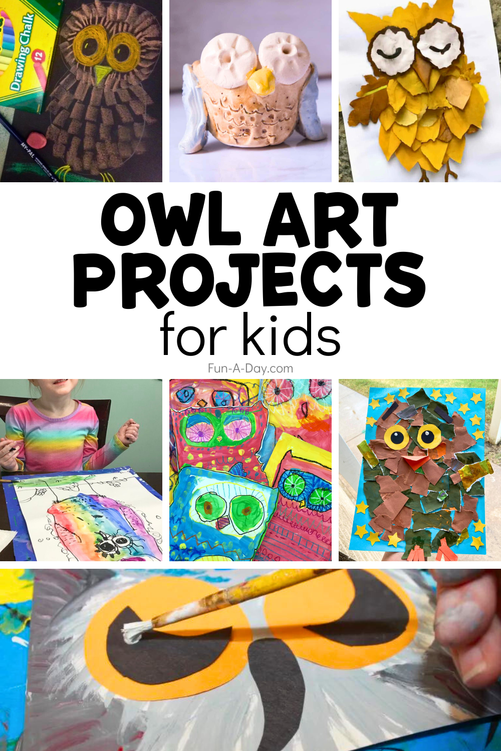 Seven owl art projects with text that reads owl art projects for kids.