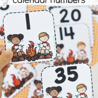 child holding numbers 1 and 35 with text that reads campfire calendar numbers