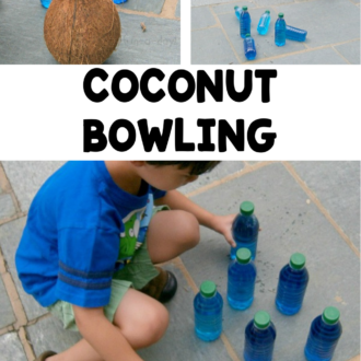 child setting up and playing game with text that reads coconut bowling