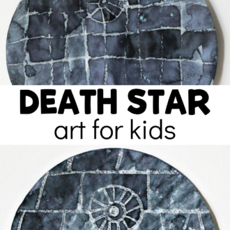 2 crayon resist cupcake liners with text that reads death star art for kids