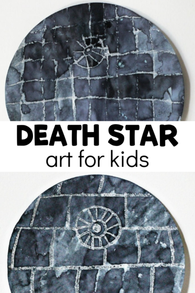 2 crayon resist cupcake liners with text that reads death star art for kids