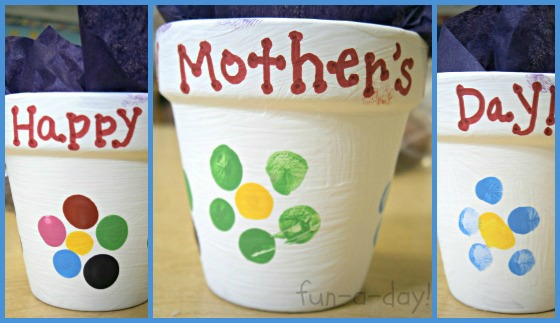 3 examples of child-made fingerprint flower pot craft for Mother's Day